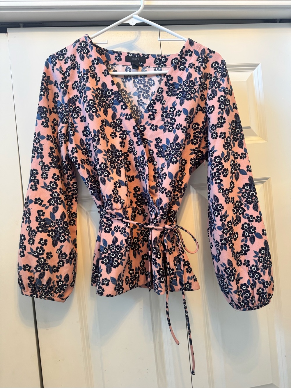 Crew Drapey Faux Wrap Crepe Top Kimono Side Tie Pink Blue Flowers Floral 8